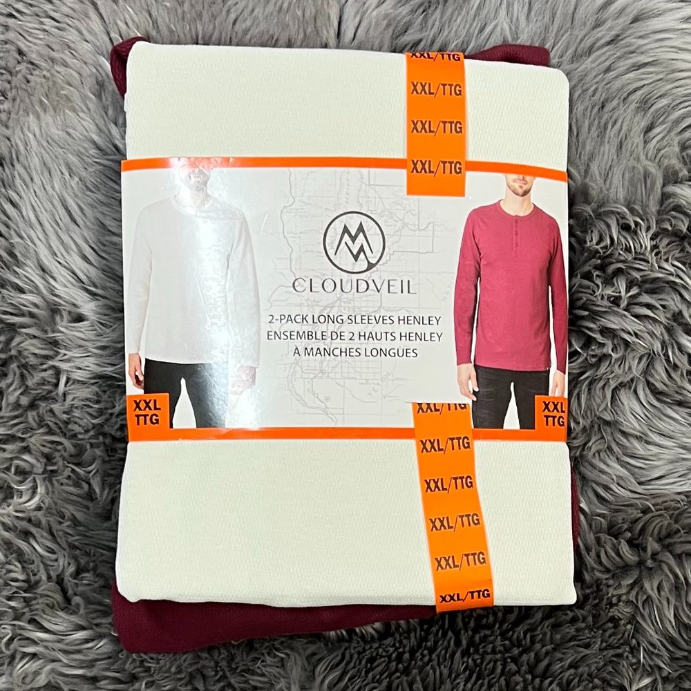 Cloudveil | Men's Long Sleeve Henley Shirts | 2 Pack | White & Red | XXLarge